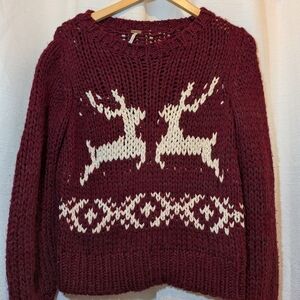 Free People Elegant Burgundy Reindeer Knit Sweater